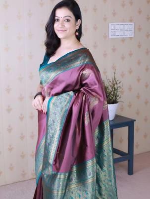 Purple ethnic motifs zari silk blend banarasi saree 2