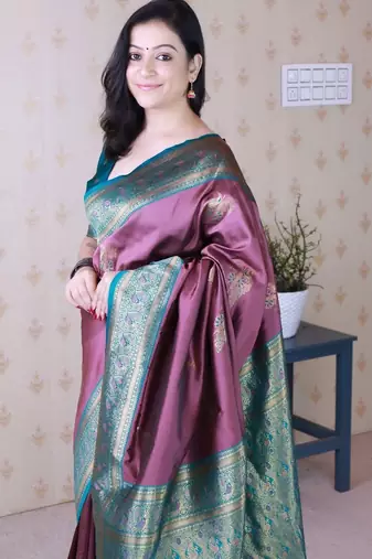 Purple ethnic motifs zari silk blend banarasi saree