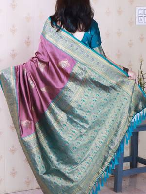 Purple ethnic motifs zari silk blend banarasi saree 3