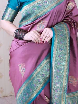 Purple ethnic motifs zari silk blend banarasi saree 4