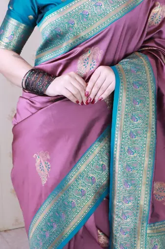 Purple ethnic motifs zari silk blend banarasi saree