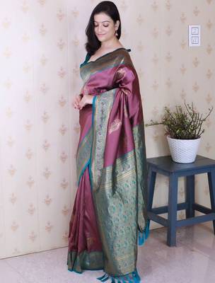 Purple ethnic motifs zari silk blend banarasi saree 5