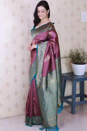 Purple ethnic motifs zari silk blend banarasi saree