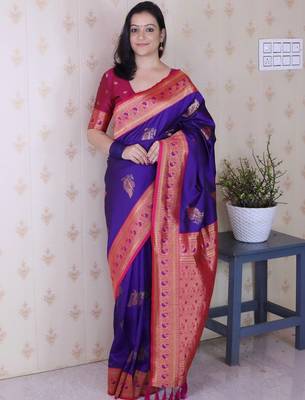 Purple ethnic motifs zari silk blend heavy work banarasi saree 1