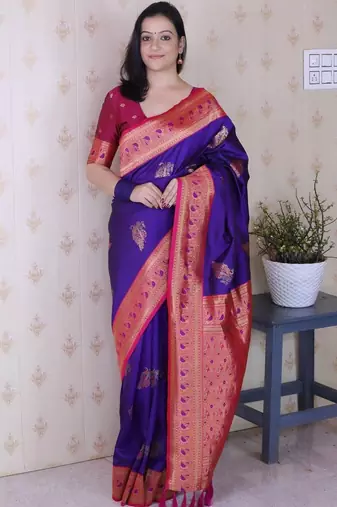 Purple ethnic motifs zari silk blend heavy work banarasi saree