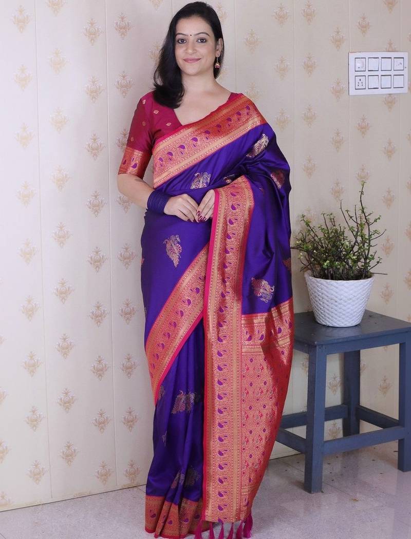 Purple ethnic motifs zari silk blend heavy work banarasi saree