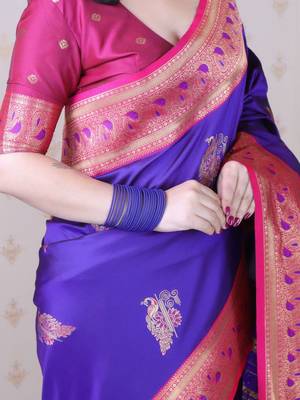 Purple ethnic motifs zari silk blend heavy work banarasi saree 4