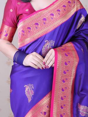 Purple ethnic motifs zari silk blend heavy work banarasi saree 5