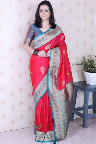 Red ethnic motifs zari silk blend banarasi saree