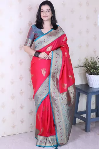 Red ethnic motifs zari silk blend banarasi saree