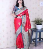 Red ethnic motifs zari silk blend banarasi saree