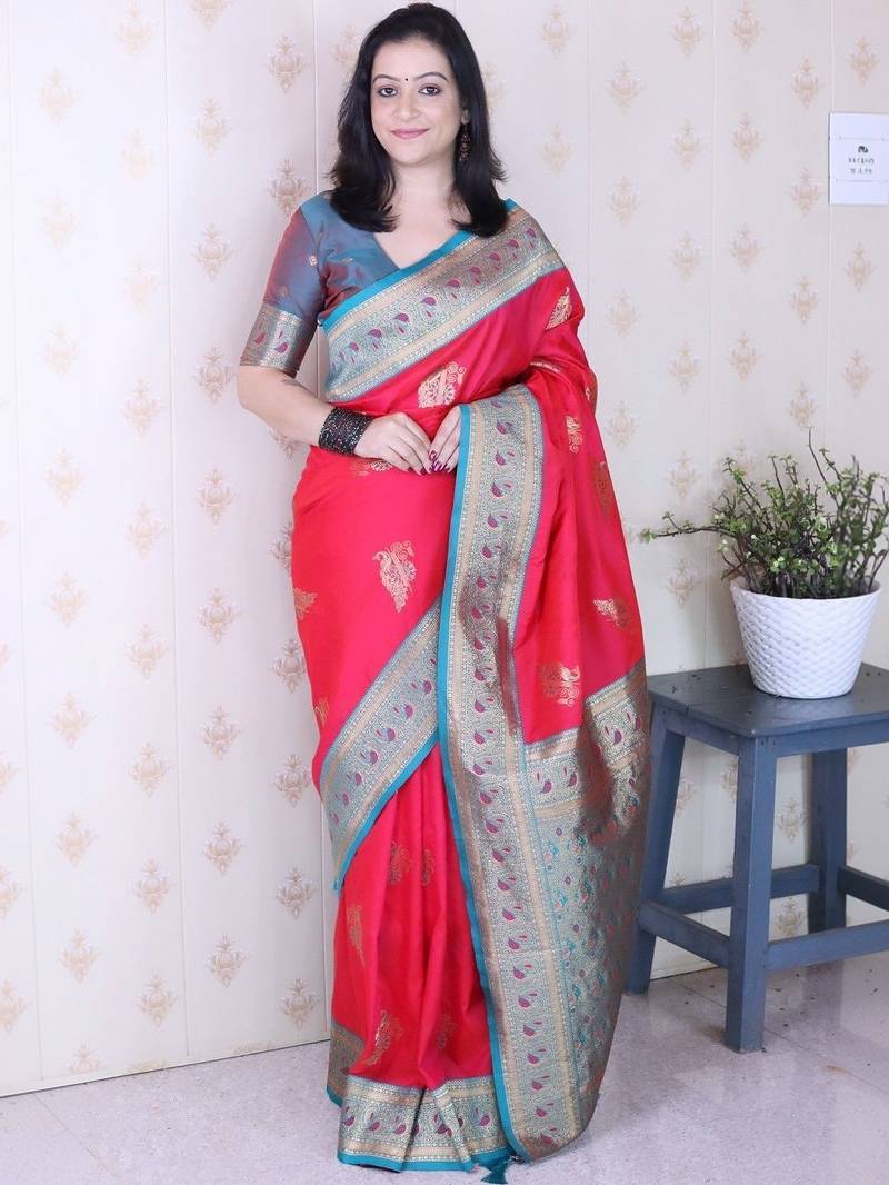 Red ethnic motifs zari silk blend banarasi saree