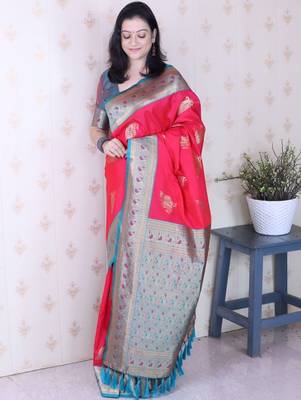 Red ethnic motifs zari silk blend banarasi saree 2