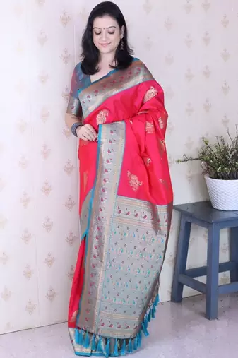 Red ethnic motifs zari silk blend banarasi saree
