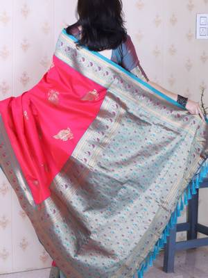 Red ethnic motifs zari silk blend banarasi saree 3