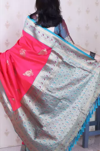 Red ethnic motifs zari silk blend banarasi saree