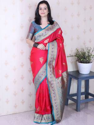 Red ethnic motifs zari silk blend banarasi saree 4