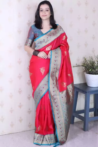 Red ethnic motifs zari silk blend banarasi saree