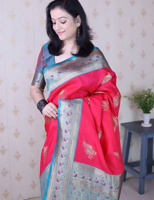 Red ethnic motifs zari silk blend banarasi saree 5