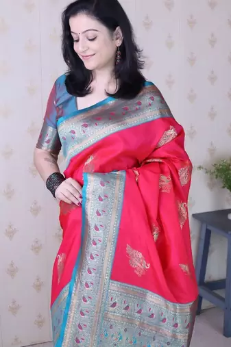 Red ethnic motifs zari silk blend banarasi saree