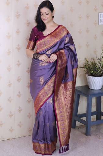 Purple ethnic motifs zari silk blend heavy work banarasi saree