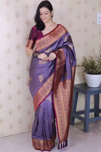 Purple ethnic motifs zari silk blend heavy work banarasi saree