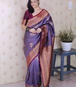Purple ethnic motifs zari silk blend heavy work banarasi saree