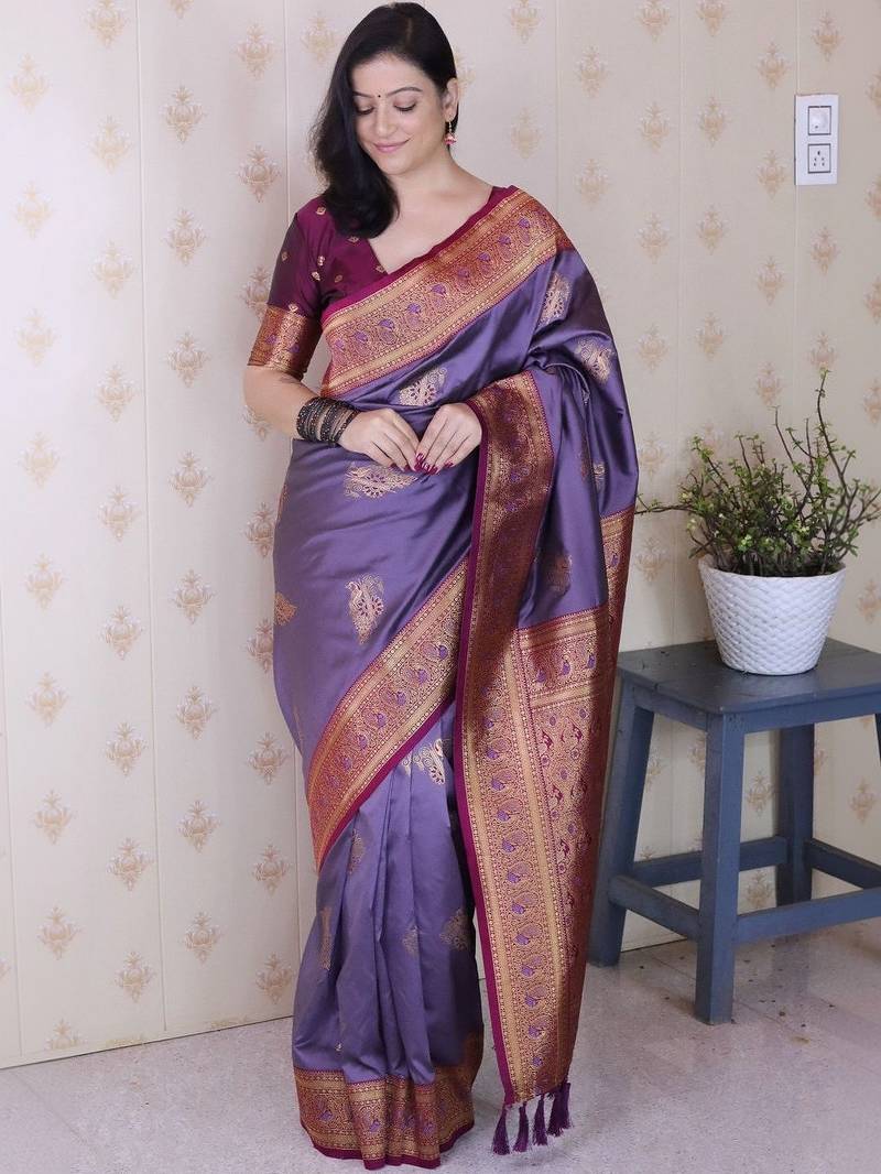 Purple ethnic motifs zari silk blend heavy work banarasi saree