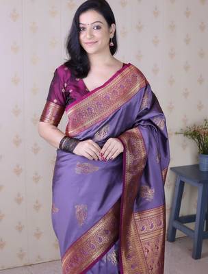 Purple ethnic motifs zari silk blend heavy work banarasi saree 2