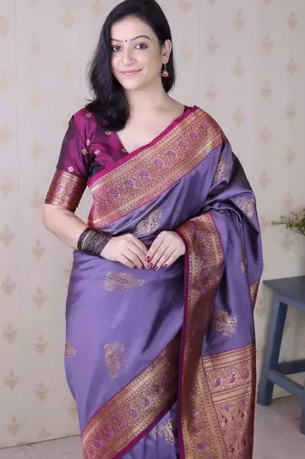 Purple ethnic motifs zari silk blend heavy work banarasi saree