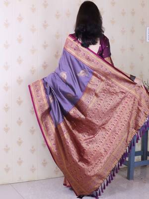 Purple ethnic motifs zari silk blend heavy work banarasi saree 3