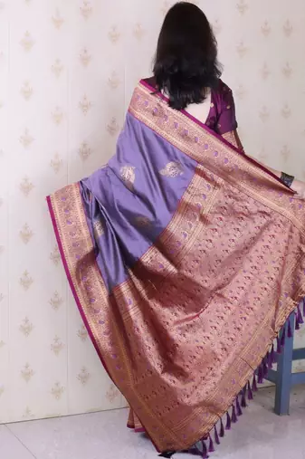 Purple ethnic motifs zari silk blend heavy work banarasi saree