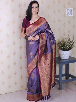 Purple ethnic motifs zari silk blend heavy work banarasi saree 4