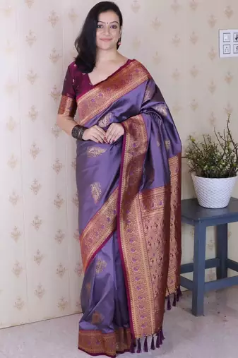 Purple ethnic motifs zari silk blend heavy work banarasi saree
