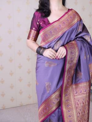 Purple ethnic motifs zari silk blend heavy work banarasi saree 5