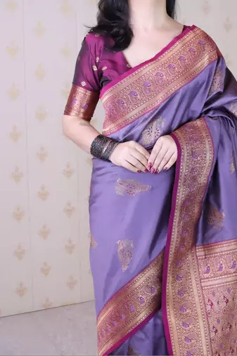 Purple ethnic motifs zari silk blend heavy work banarasi saree
