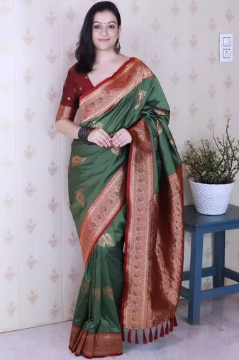 Green ethnic motifs zari silk blend banarasi saree