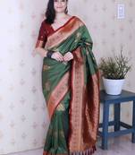 Green ethnic motifs zari silk blend banarasi saree