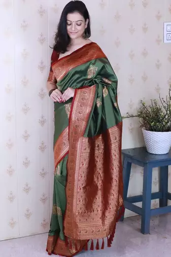 Green ethnic motifs zari silk blend banarasi saree