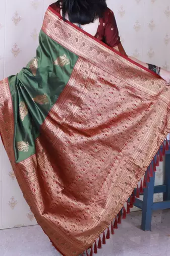 Green ethnic motifs zari silk blend banarasi saree
