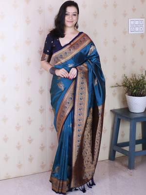 Teal ethnic motifs zari silk blend banarasi saree 1