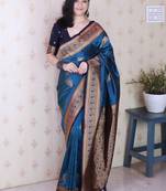 Teal ethnic motifs zari silk blend banarasi saree