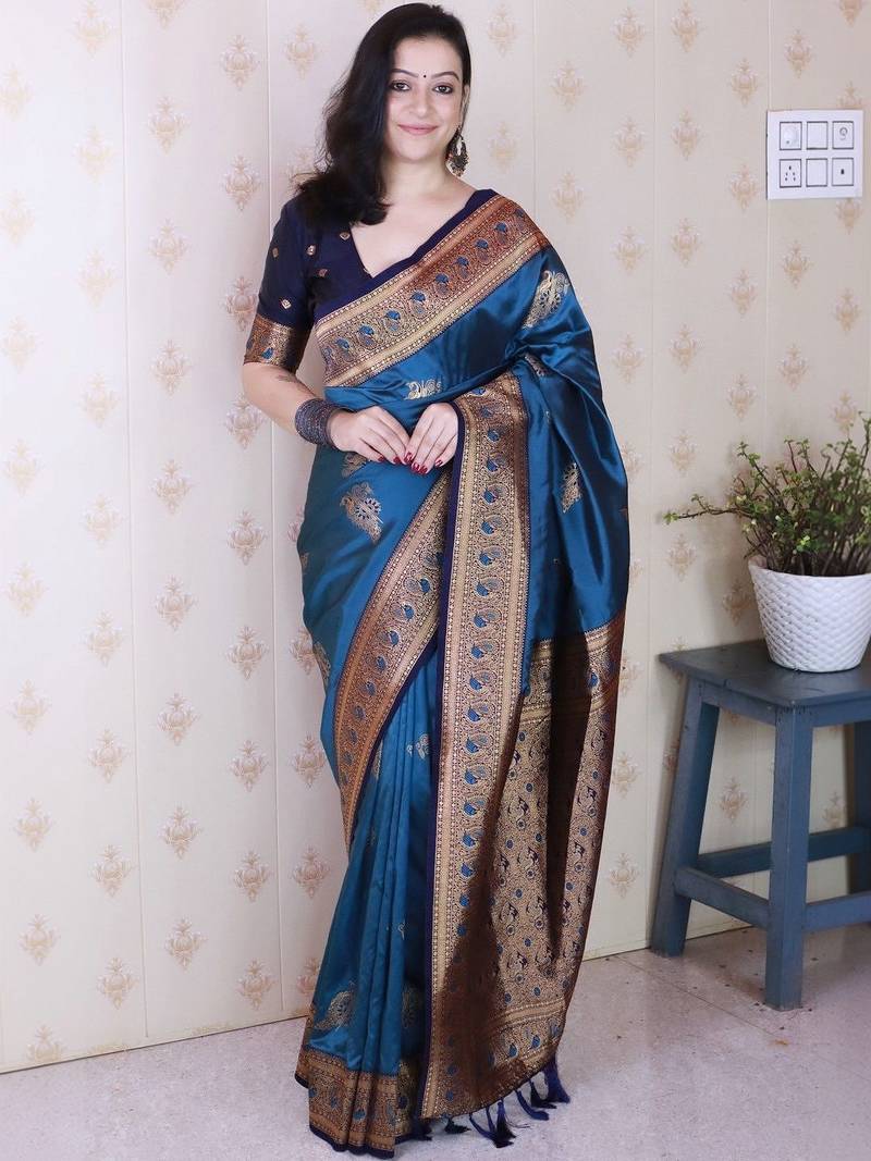 Teal ethnic motifs zari silk blend banarasi saree