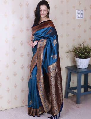 Teal ethnic motifs zari silk blend banarasi saree 2