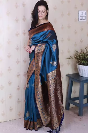 Teal ethnic motifs zari silk blend banarasi saree