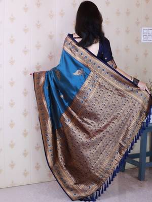 Teal ethnic motifs zari silk blend banarasi saree 3