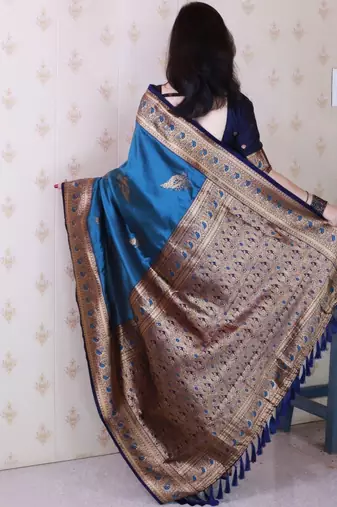Teal ethnic motifs zari silk blend banarasi saree