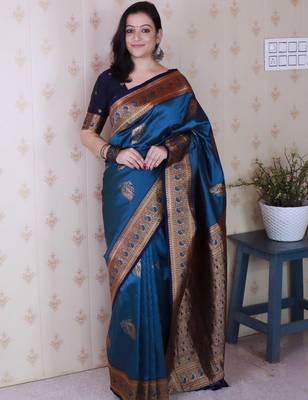 Teal ethnic motifs zari silk blend banarasi saree 4