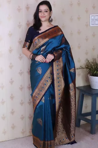 Teal ethnic motifs zari silk blend banarasi saree