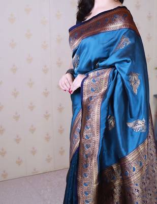 Teal ethnic motifs zari silk blend banarasi saree 5
